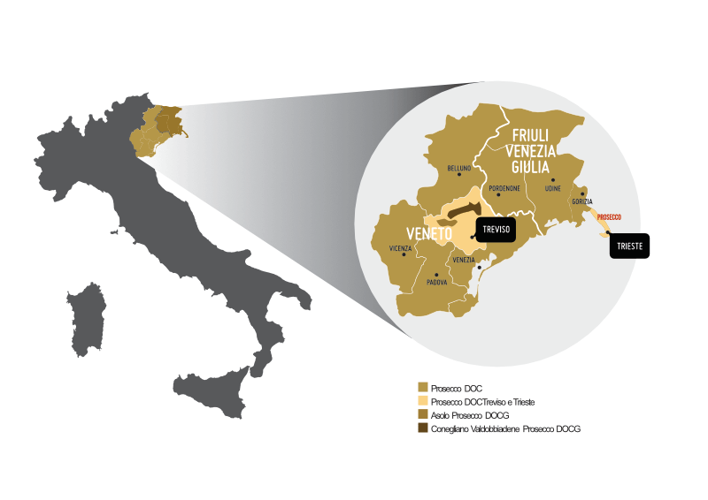 Mapa pestovateľských oblastí Prosecco DOC a DOCG v Benátsku a Furlansku-Juľskom Benátsku